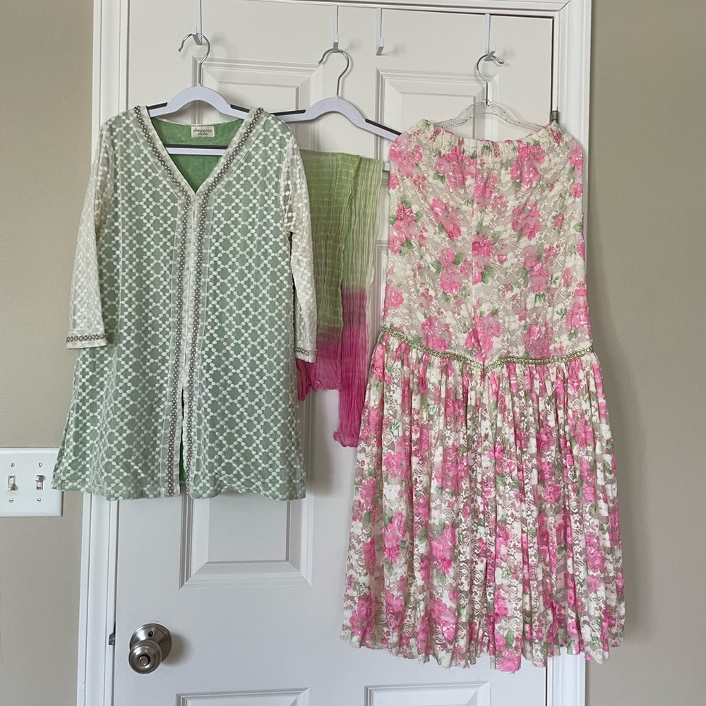 Girls Floral Pink and Green lengha Dress Set
